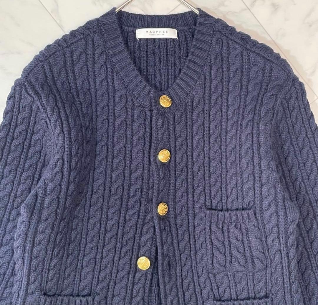 マカフィー ハイブリットコットンケーブル クルーネックカーディガン 金ボタン S