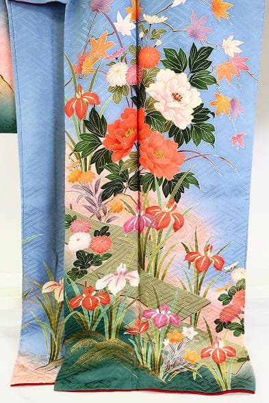 美品 本振袖 水色 金彩加工 枝花 身丈172.5cm トールサイズ フォーマル
