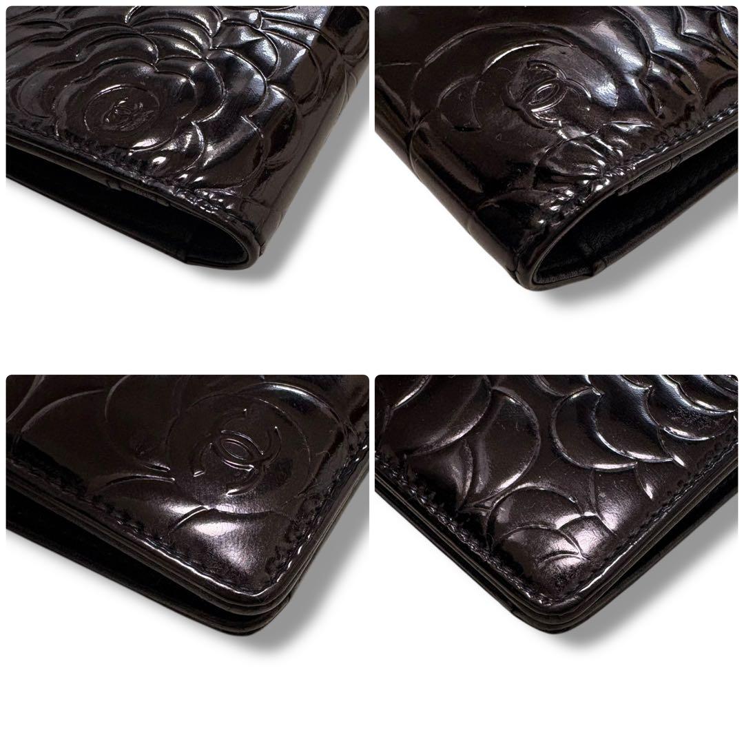 CHANEL シャネル カメリア エナメル パテント 財布 二つ折り財布 暗色系
