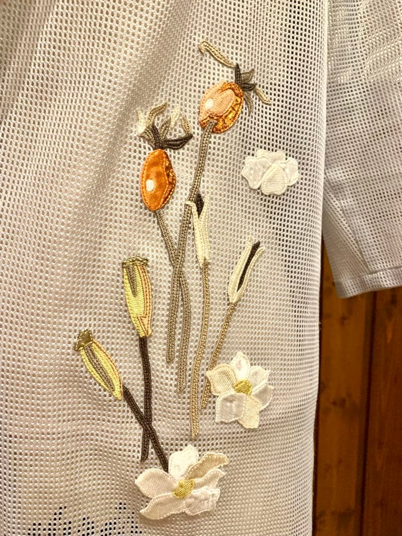 ミズレイコ　刺繍入りメッシュカーディガン 五分袖